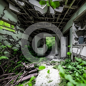 an infrared-modded camera captures interior of the abandoned overgrown and furniture inside the house