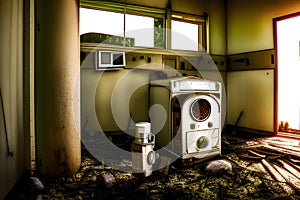 an infrared-modded camera captures interior of the abandoned overgrown and furniture inside the house photo