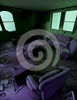 an infrared-modded camera captures interior of the abandoned overgrown and furniture inside the house photo