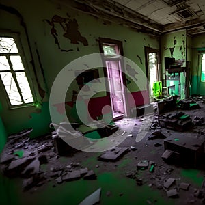 an infrared-modded camera captures interior of the abandoned overgrown and furniture inside the house photo