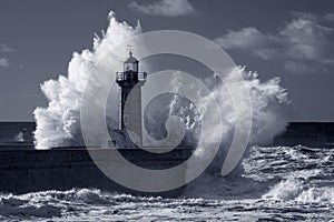 Infrared old lighthouse under heavy storm