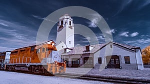 Infrared photography of Boise train depot with engine passing