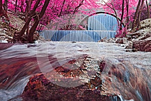 Infrared photography of the double waterfalls of Palaiokarya Thessaly Greece