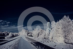 Infrared photography - ir photo of landscape with tree under sky with clouds - the art of our world and plants in the infrared cam