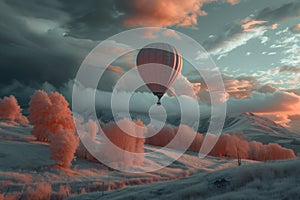 Infrared shot of the air balloon flying over the great nature landscape