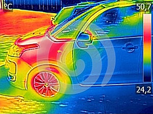 Infrared thermovision image showing Car Engine After driving