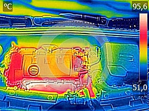 Infrared thermovision image showing Car Engine After driving photo
