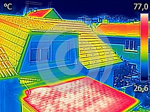 Infrared thermovision image showing Warmed roofs on family homes photo