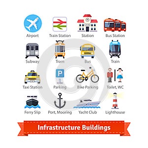 Infrastructure buildings flat icon set