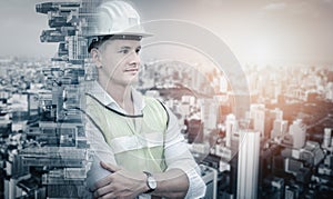 Infrastructure Construction Building and Engineering Futuristic Concept, Double Exposure of Construction Engineer With Modern
