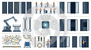 IT Infrastructure and Data Center Maintenance Elements Vector Set