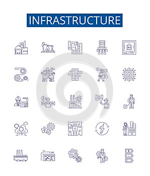 Infrastructure line icons signs set. Design collection of Buildings, roads, bridges, sewers, utilities, power, water