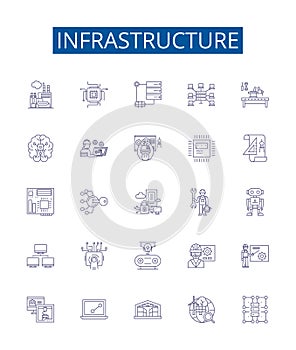 Infrastructure line icons signs set. Design collection of Buildings, roads, bridges, sewers, utilities, power, water