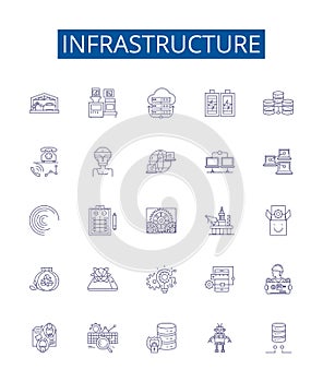 Infrastructure line icons signs set. Design collection of Buildings, roads, bridges, sewers, utilities, power, water