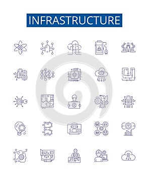 Infrastructure line icons signs set. Design collection of Buildings, roads, bridges, sewers, utilities, power, water