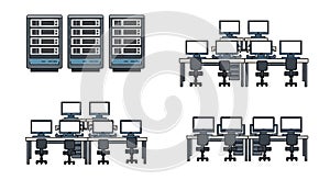 IT Infrastructure and Office Workstations Vector Set