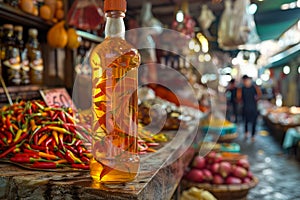 Infused Olive Oil Bottle at Market Stall.