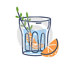 Infused sparkling water glass with rosemary and orange. Cold soda drink with citrus fruit slices. Summer refreshment