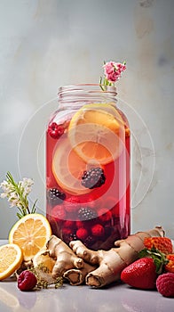 Infused water in a bottle with fruits and ginger on a wooden table,. Generated AI