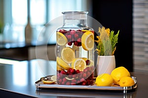 infused water jug with winter fruits on spa reception desk