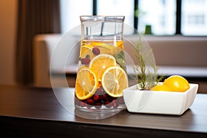 infused water jug with winter fruits on spa reception desk