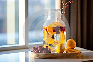 infused water jug with winter fruits on spa reception desk