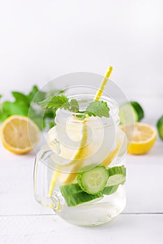 Infused Water With Lemon Cucumber and Mint on Wooden Background Detox Water Vertical Lemonad