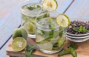 Infused water mix of green tea, lime and mint leaf