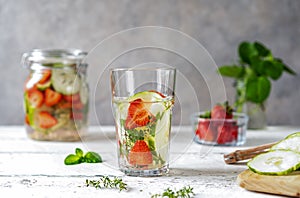 Infused water with strawberry and meloncella that is hybrid of cucumber and melon, thyme, mint.