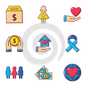 Infusion of donation icons set, cartoon style