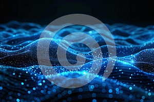 Ing of blue glowing digital particles dots wave on black background. abstract futuristic landscape with complex network, big