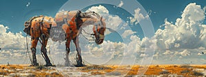 Ingenious animal-inspired creation: a horse-like orange machine working in field.