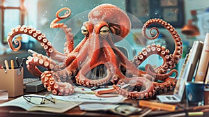Ingenious octopus clad in office attire radiating joy while efficiently orchestrating a myriad of tasks a multitasking marvel photo