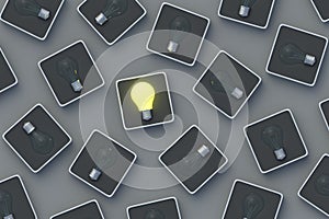 Ingenious strategy. Glowing light bulb on button