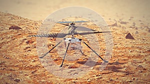 Ingenuity helicopter prepares for the first takeoff from the surface of Mars. 4k animation