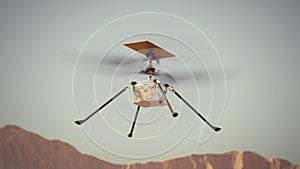 Ingenuity helicopter takeoff from Mars and surface observation. 4k footage