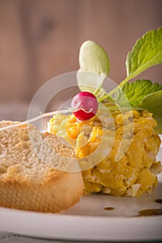 Ingle portion of scrambled eggs with nice small radish