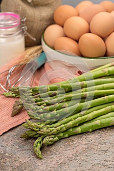 Ingrediens for delicious green asparagus quiche, tasty vegetarian food