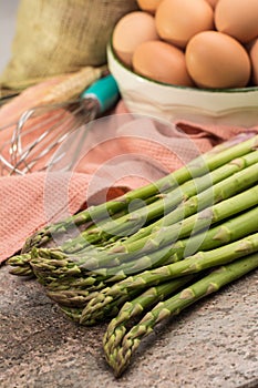 Ingrediens for delicious green asparagus quiche, tasty vegetarian food