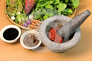 Ingredient of curry in mortar mix, curry thai food stye