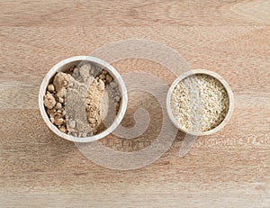 Ingredient grain, wheat germ and Brown sugar in wooden bowl