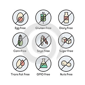 Ingredient Warning Label Icons. Allergens Gluten, Lactose, Soy, Corn, Diary, Milk, Sugar, Trans Fat. Vegetarian and Organic symbol