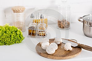 ingredientes and mushrooms on wooden board with knife photo