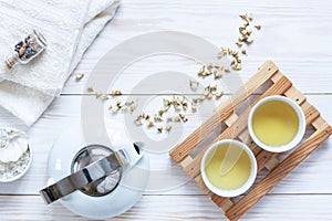 Ingredients for aromatherapy and spa, aromatic sea salt and towels Chinesse tea. Natural cosmetics, Spa kit for beauty and