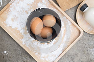 Ingredients for bakery products - eggs, flour and milk