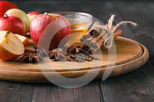 Ingredients for baking apple pie - honey and spices