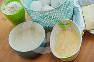 Ingredients for baking cake. Preparation for baking flour butter