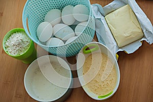 Ingredients for baking cake. Preparation for baking flour butter