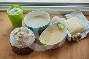 Ingredients for baking cake. Preparation for baking flour butter. Easter. Easter cake