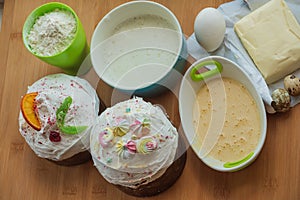 Ingredients for baking cake. Preparation for baking flour butter. Easter. Easter cake